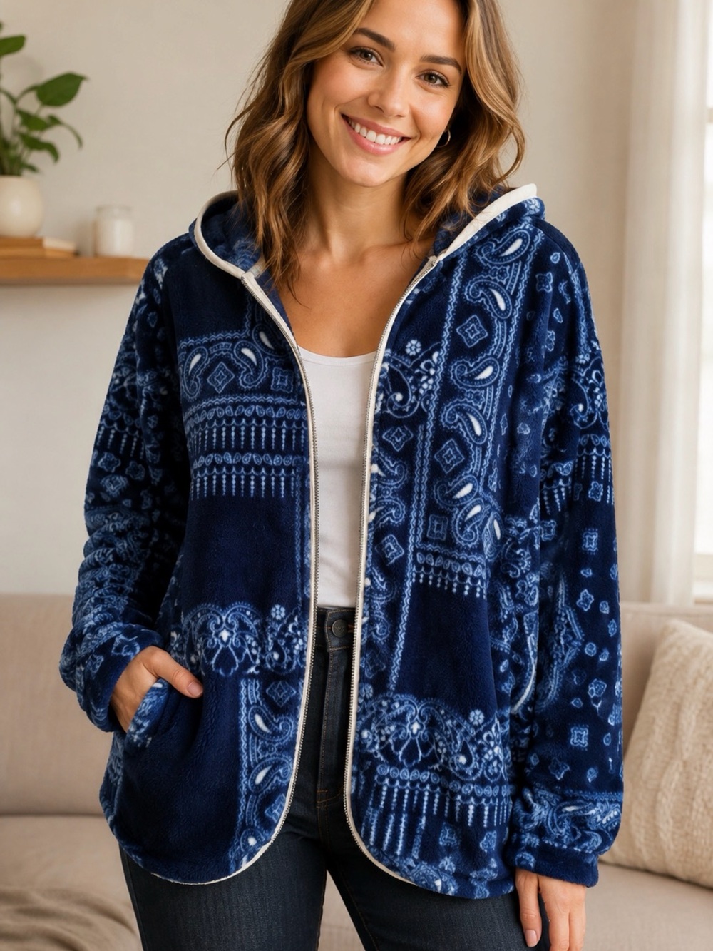 BP Navy Bandana-Print Plush Hooded Jacket – Size Large
